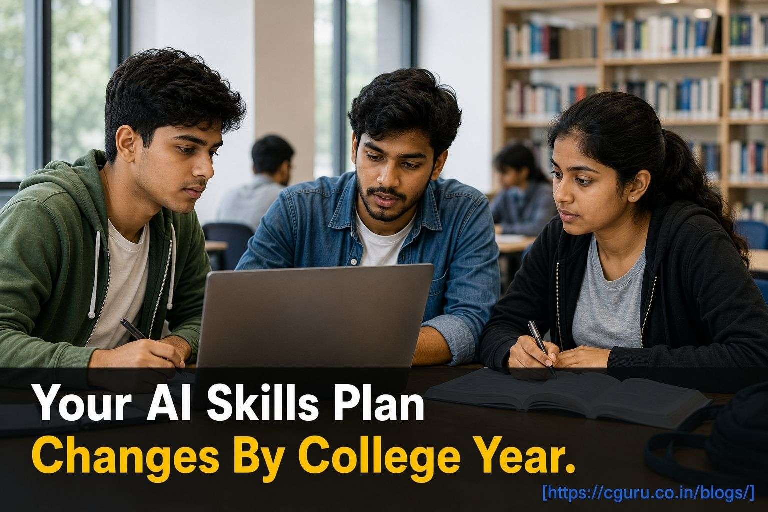 Engineering students at different college years planning their AI skills roadmap.