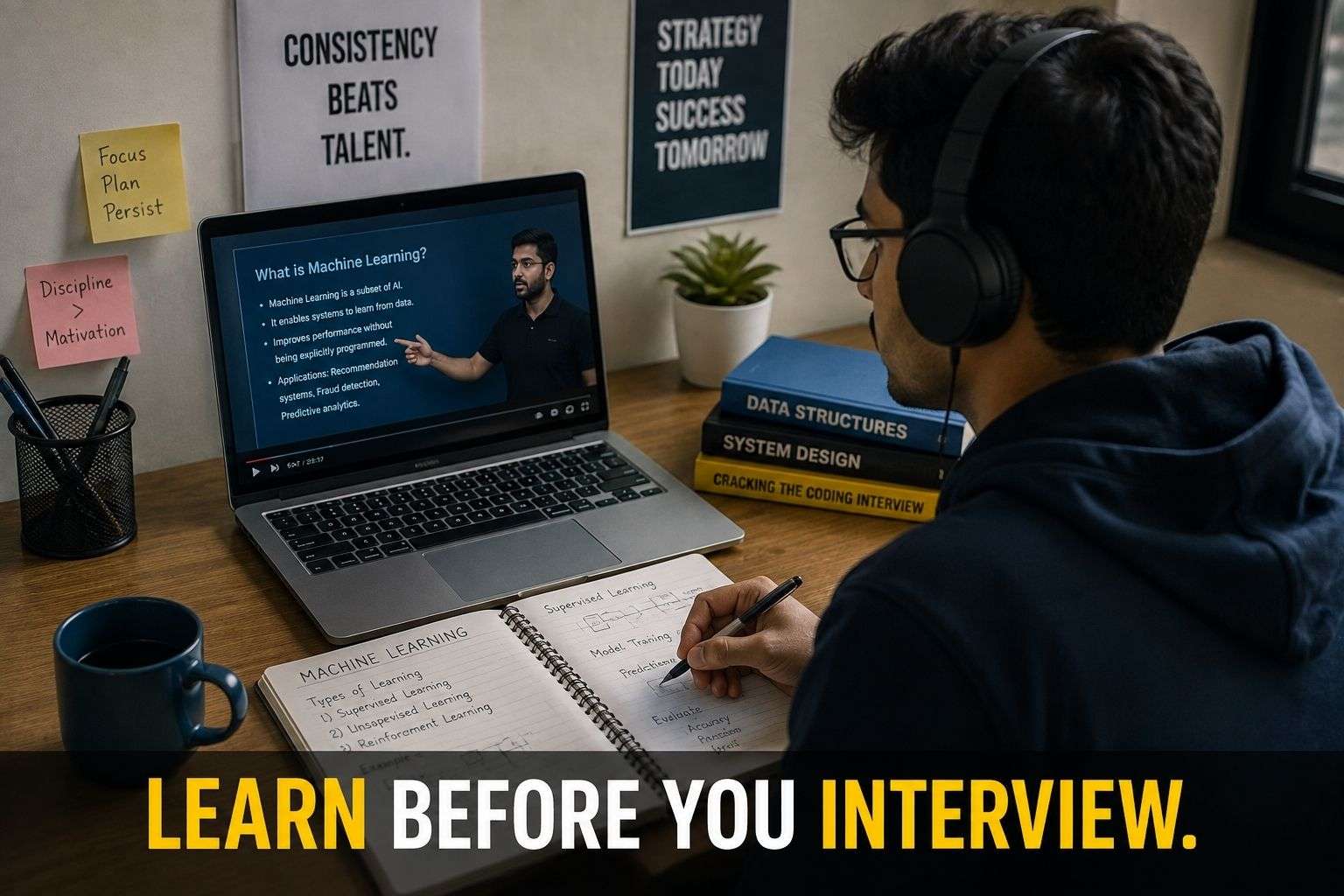Student watching an AI career guidance video while taking notes for placement prep.