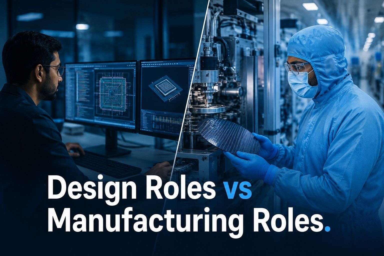 Semiconductor design engineer and fab engineer roles compared.