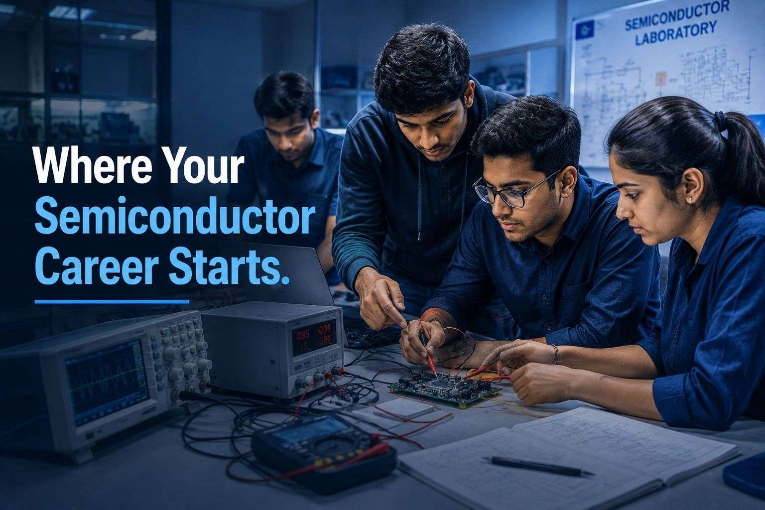 Engineering students in a lab preparing for semiconductor careers in India.
