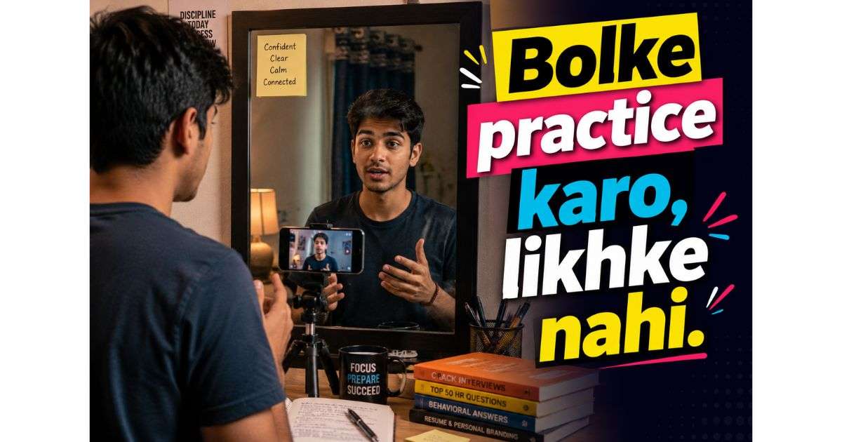 student practising mock interview answers alone before campus placement