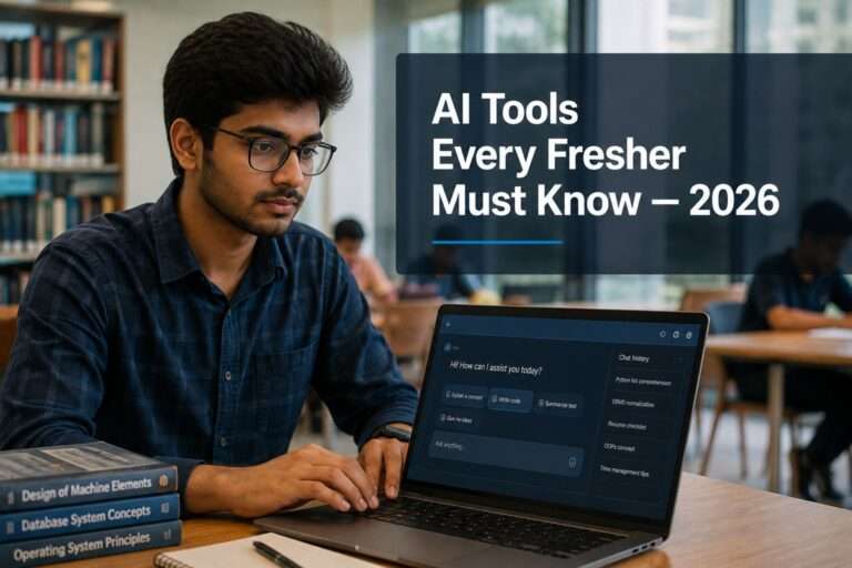 AI tools for freshers placement 2026 — Indian engineering student preparing on a laptop.