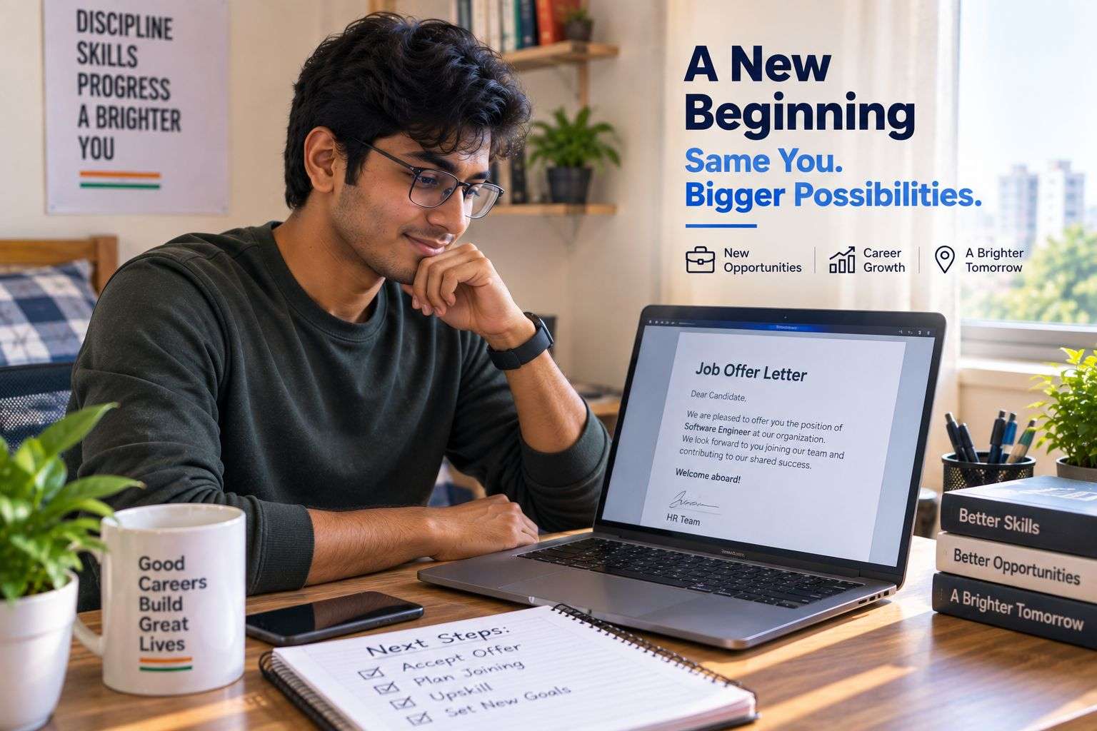 Fresher reviewing a remote tech job offer letter, evaluating salary and role details.