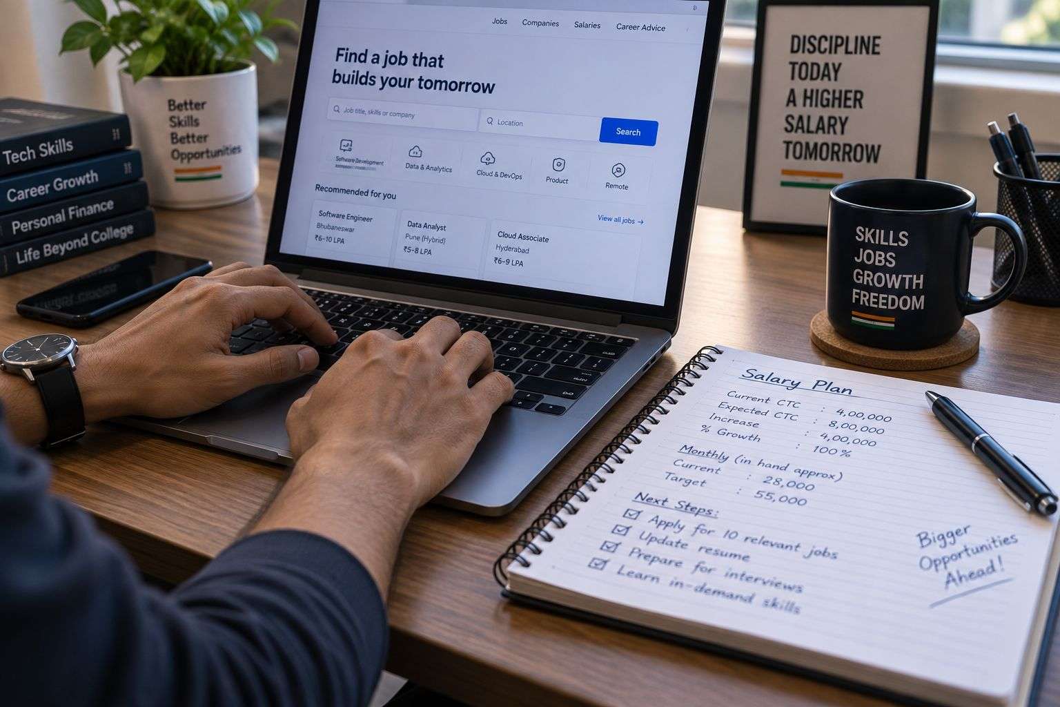 Fresher calculating and comparing remote tech job salary offers in India.