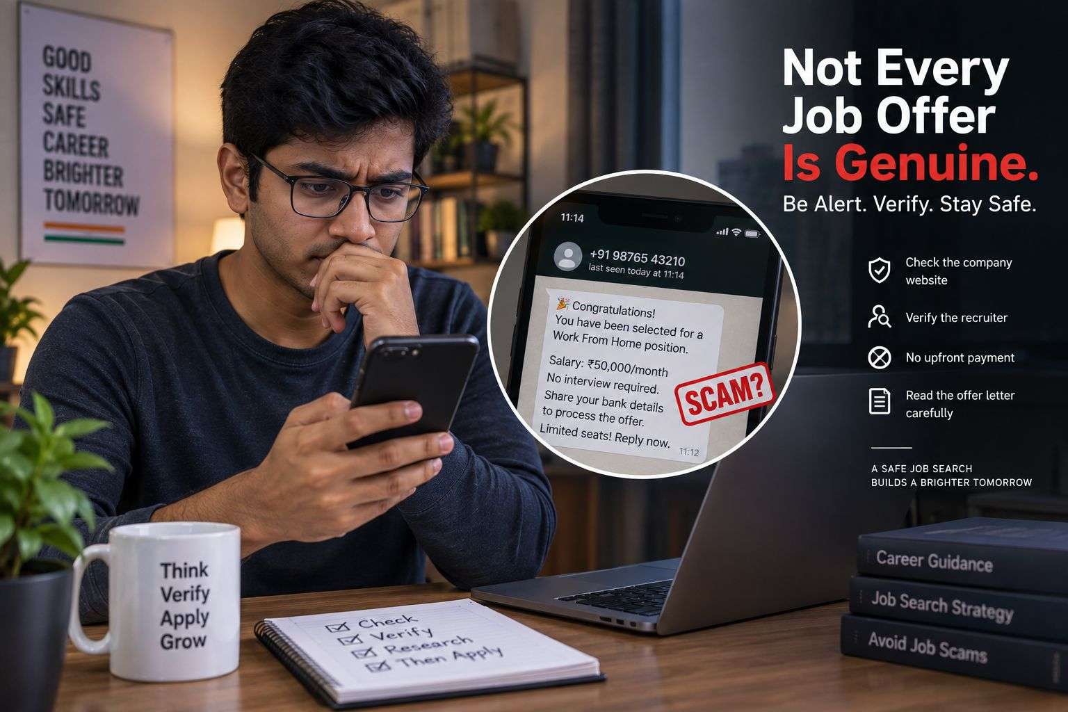 Fresher checking a suspicious remote job offer message for scam warning signs.
