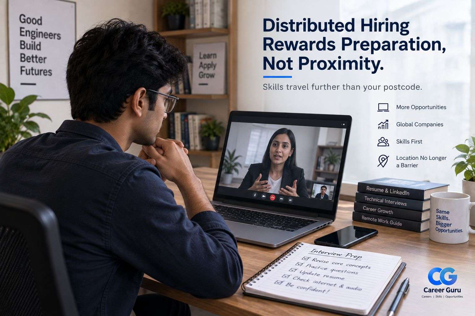 Student attending a virtual job interview for a tier-2 engineering role in India." 