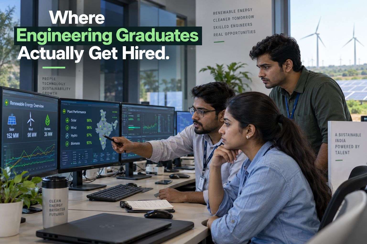 Indian engineers monitoring renewable energy systems in a control room, showing green jobs for engineering graduates.