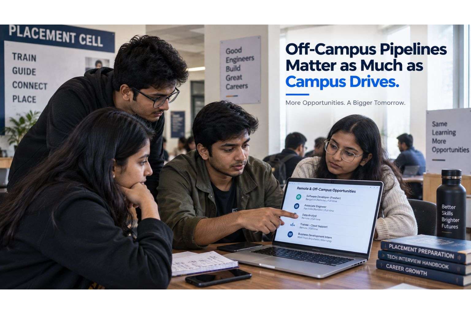 Engineering students discussing off-campus job applications for tier-2 IT roles.