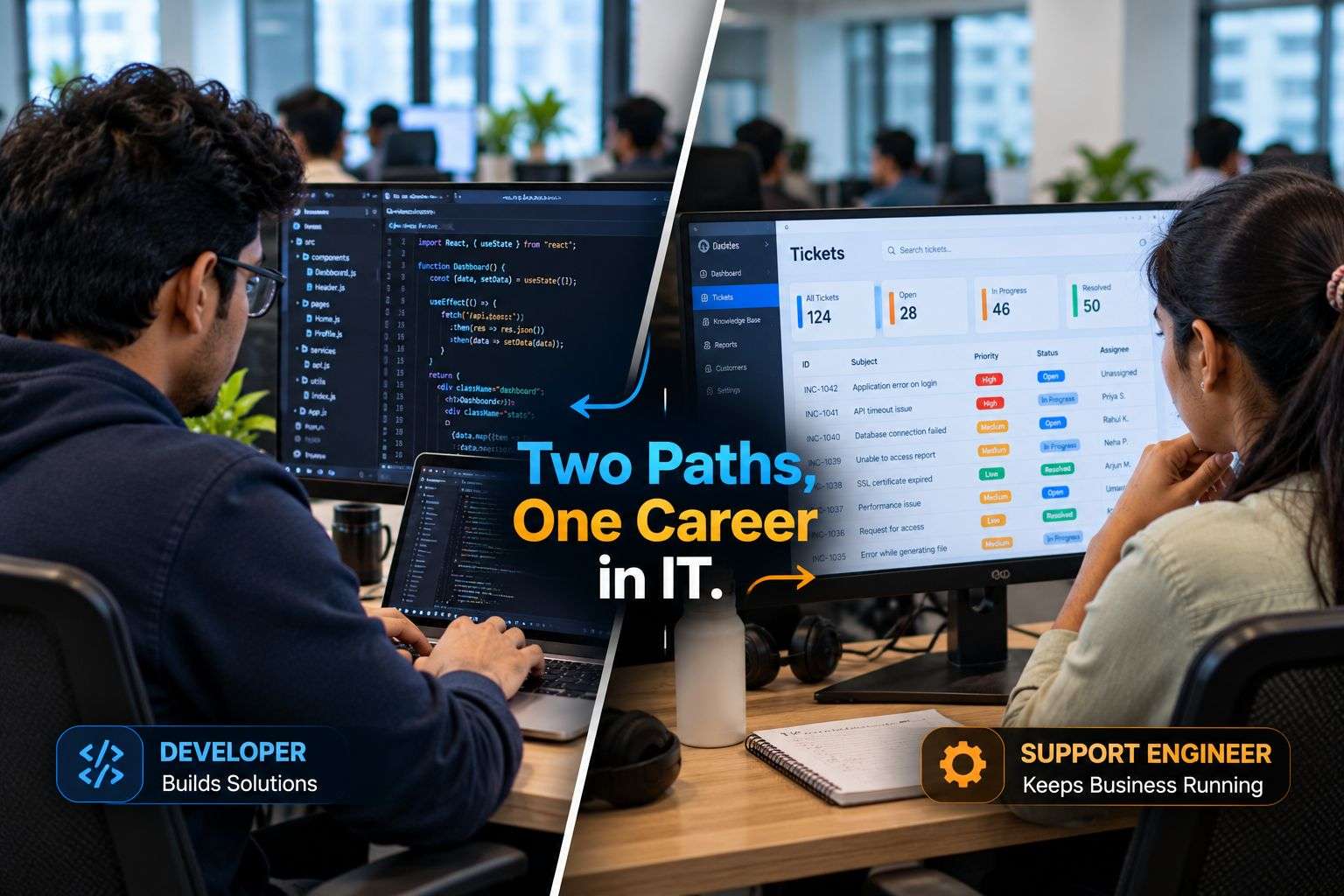 Side-by-side comparison of a software developer and an application support engineer at work in an Indian IT office.