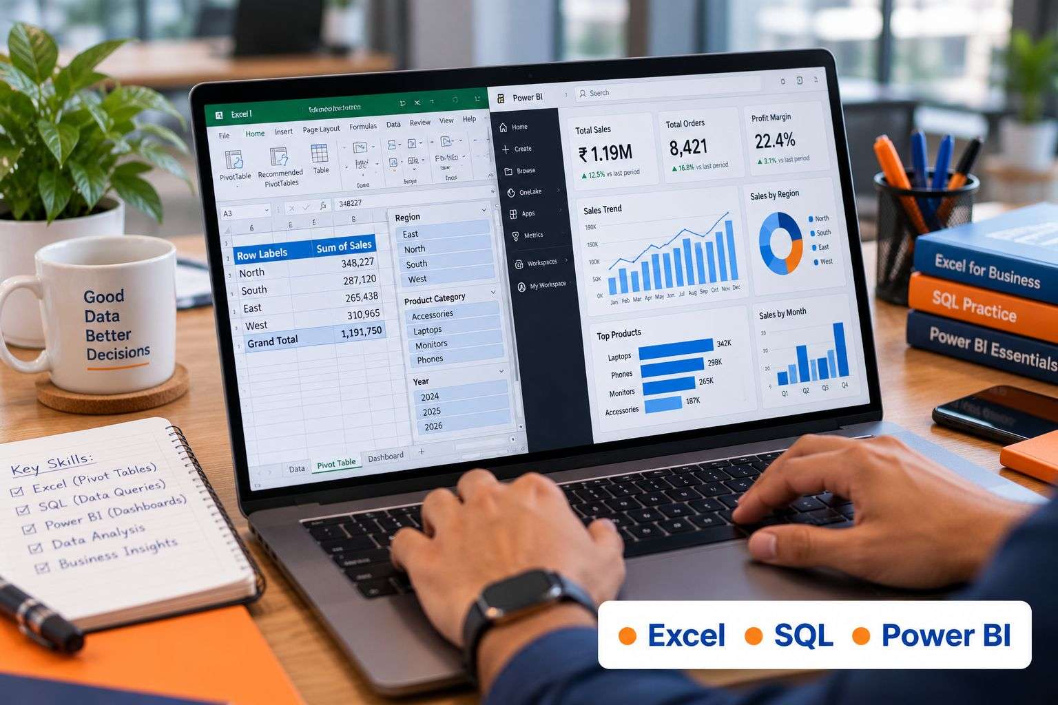  Business analyst skills — Excel and Power BI dashboard on laptop screen.