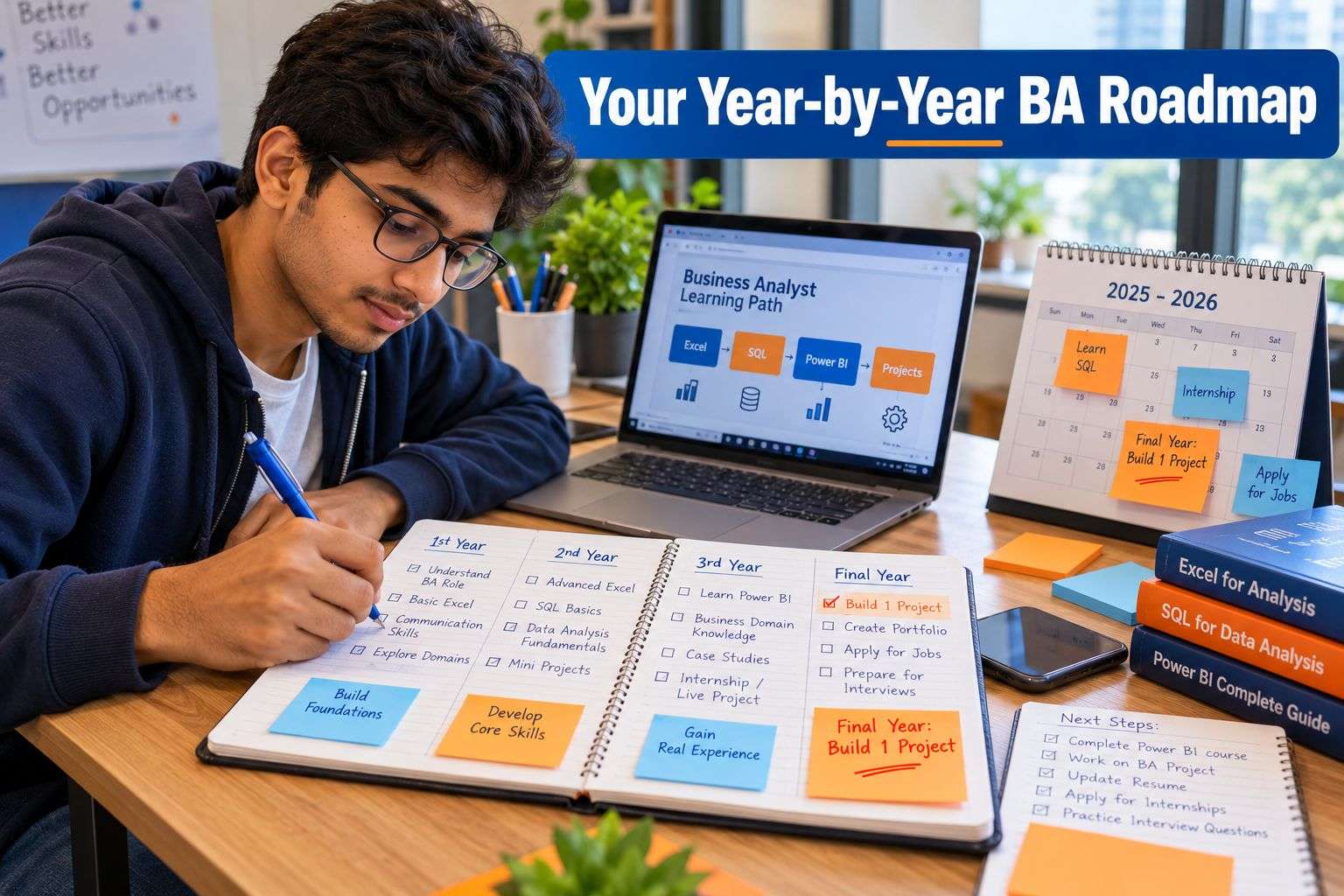 BTech student planning a year-wise roadmap for a business analyst career.