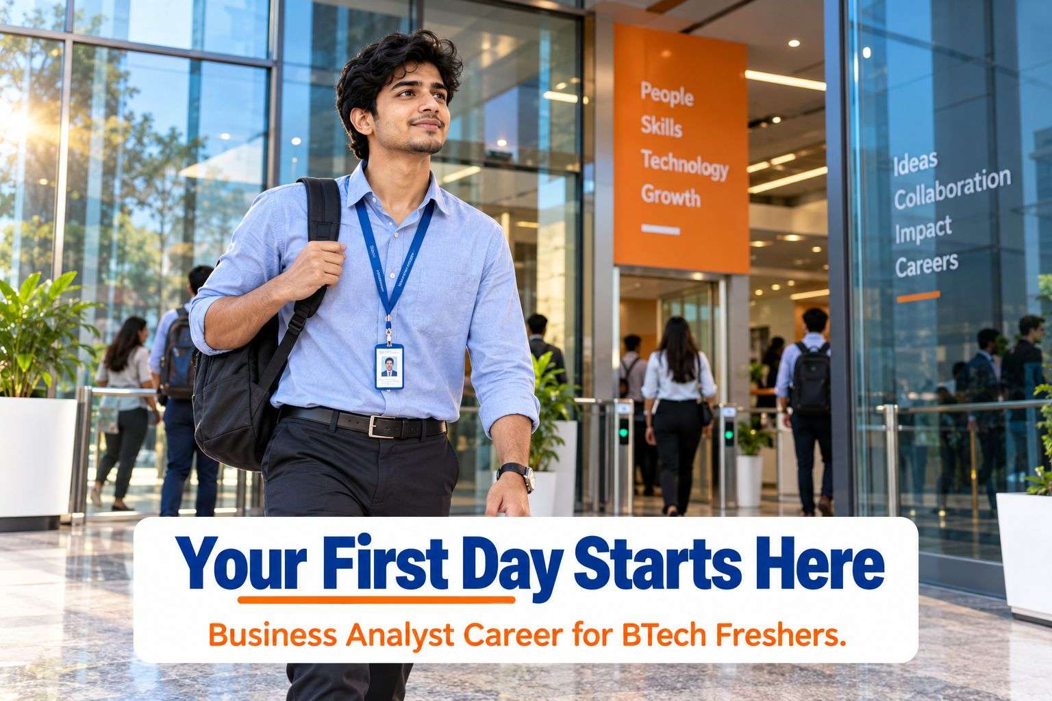 Fresher business analyst starting their first day at a new company.