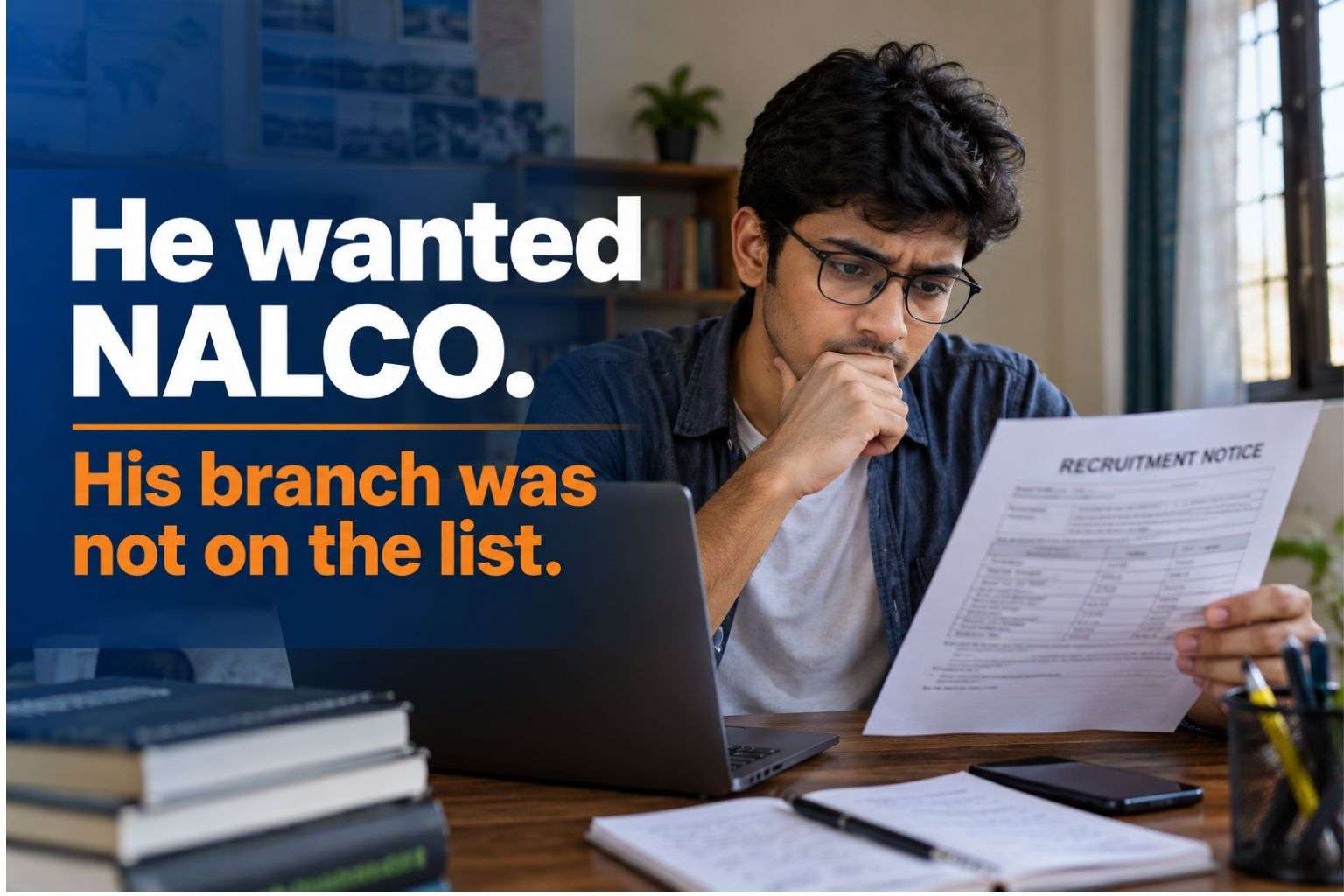 Engineering student reading a recruitment notice and checking branch eligibility.
