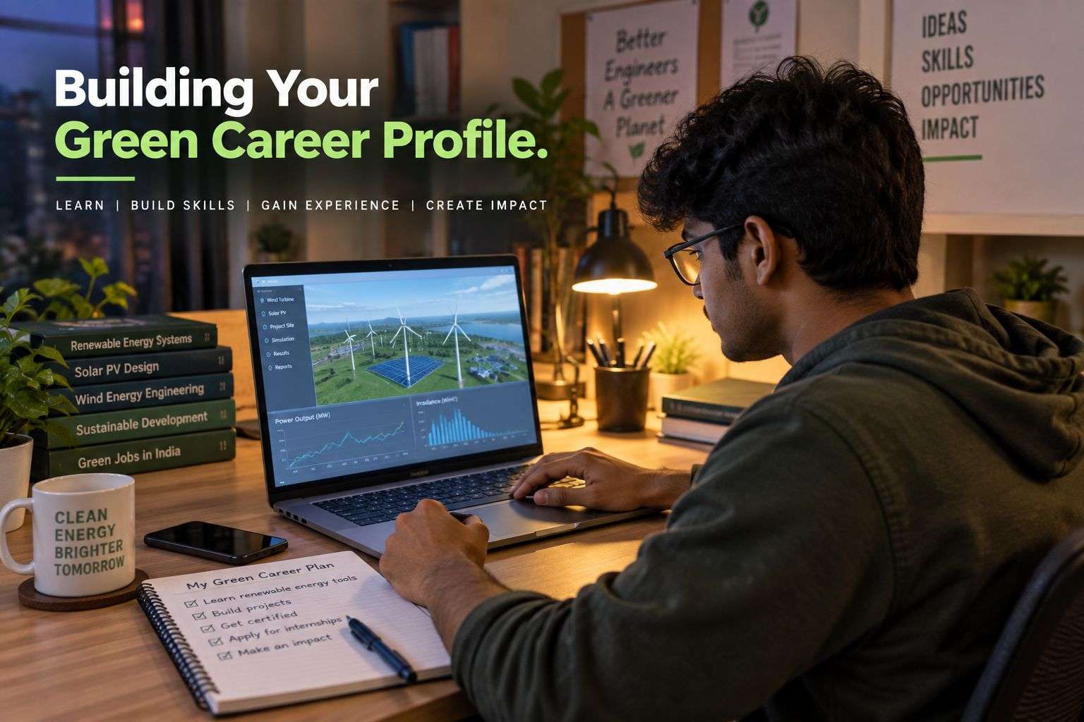 Engineering student studying renewable energy design software for a green jobs career in India.