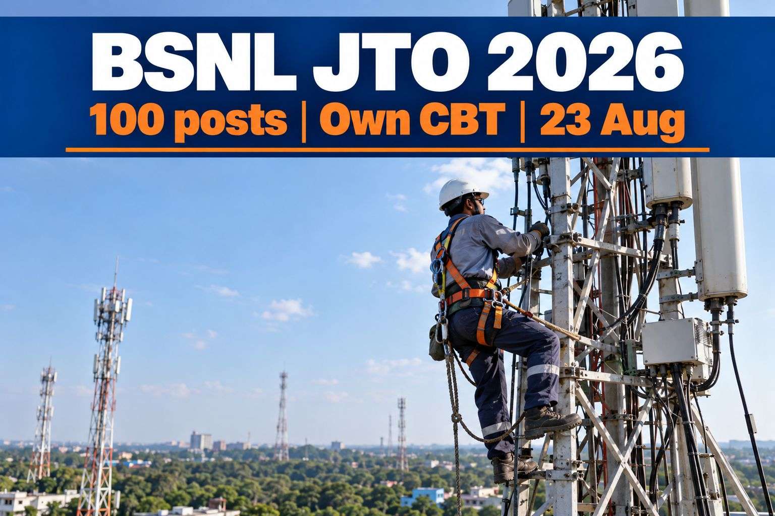 Telecom engineer at a tower representing BSNL Junior Telecom Officer recruitment 2026.
