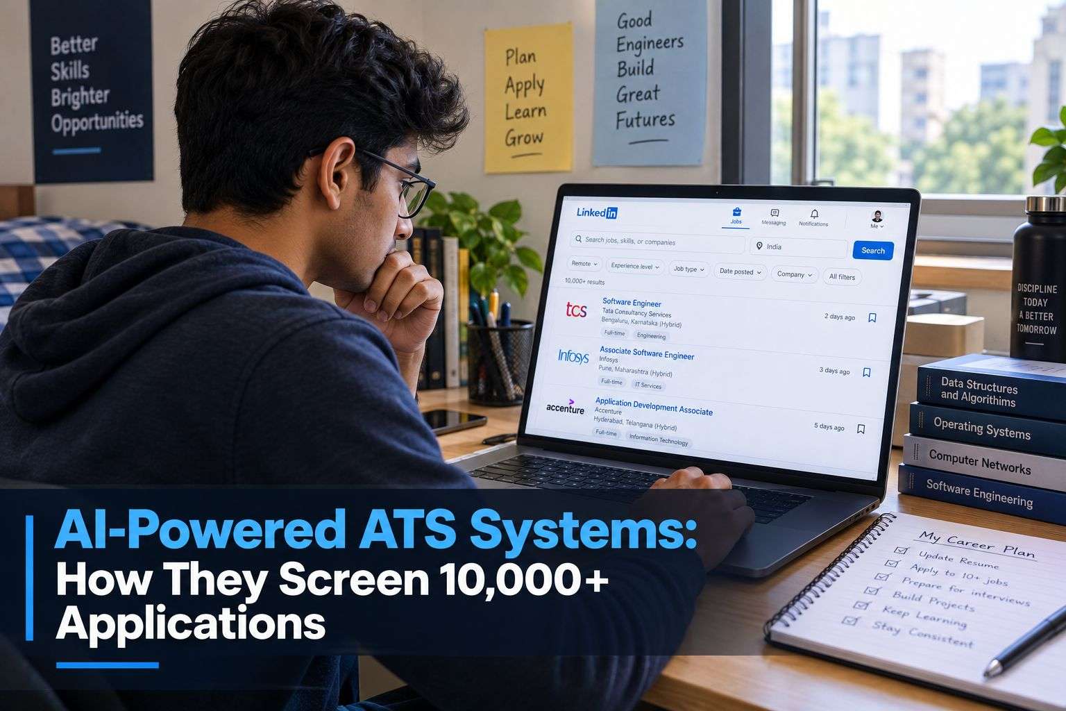 Indian engineering student checking a job application on an AI-powered ATS SYSTEMS