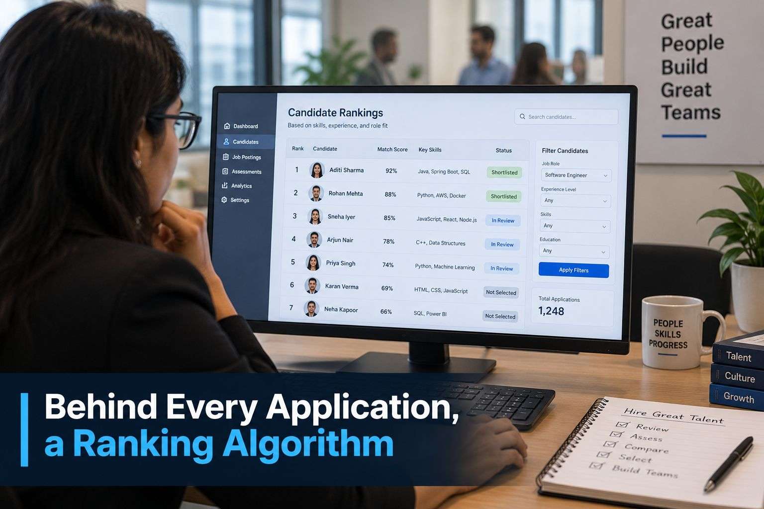 HR recruiter dashboard showing resumes ranked by an AI-powered ATS system