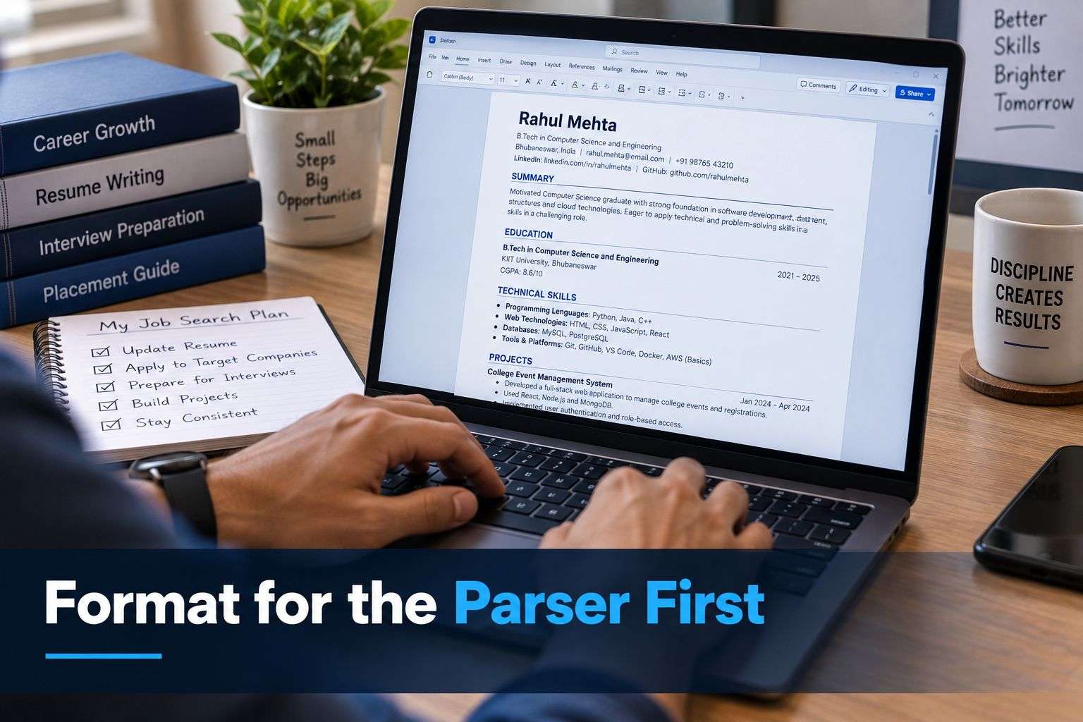 "Fresher formatting a resume for AI-powered ATS parsing