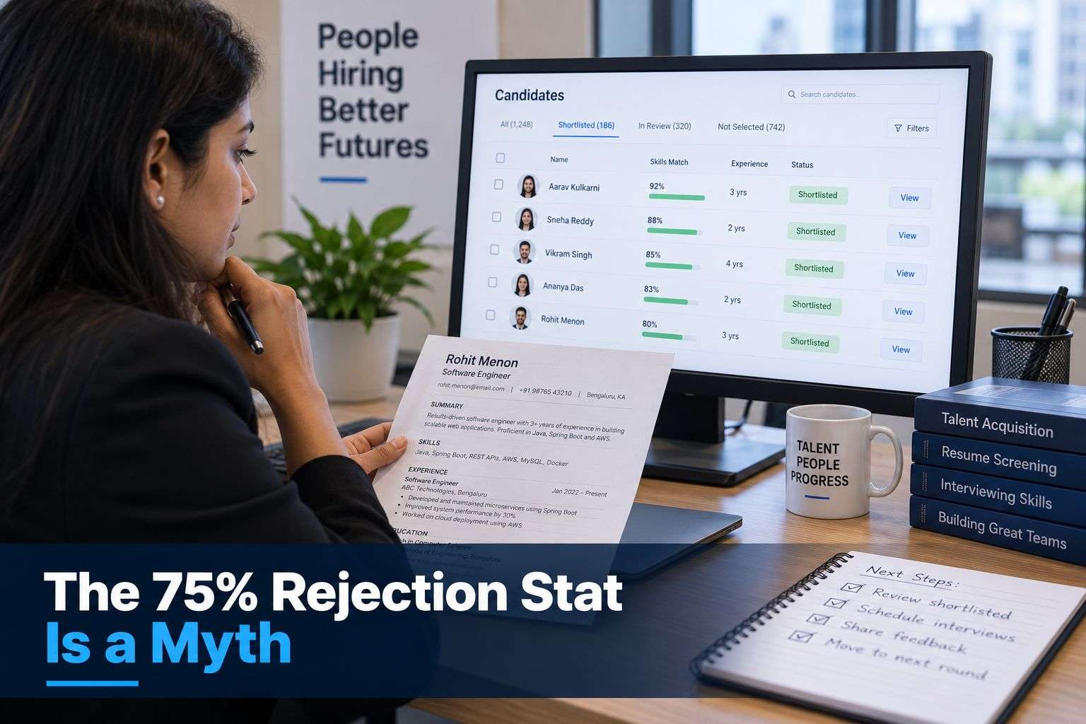 Recruiter reviewing resumes shortlisted by an AI-powered ATS system.
