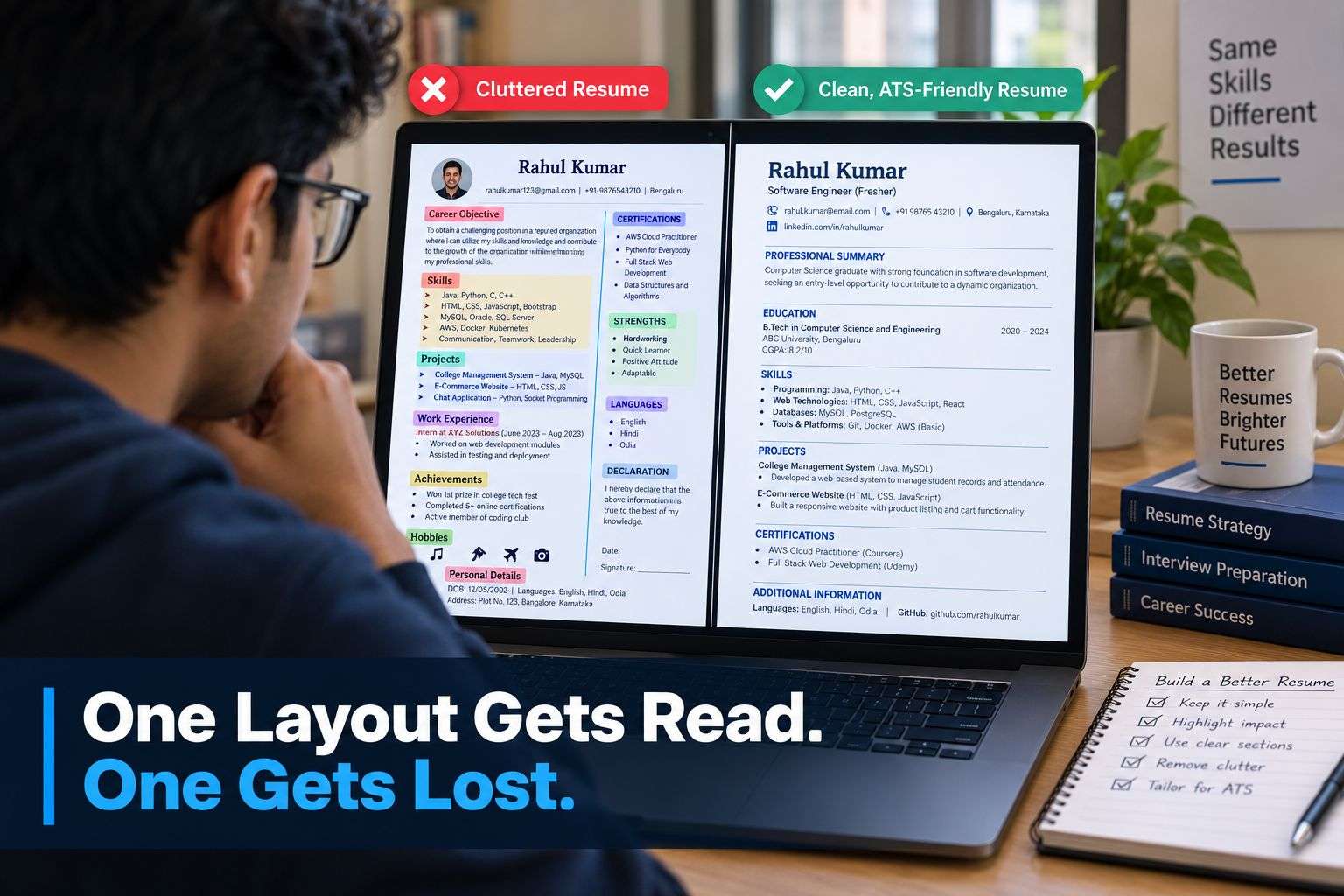Comparing a cluttered resume layout against a clean ATS-friendly format.