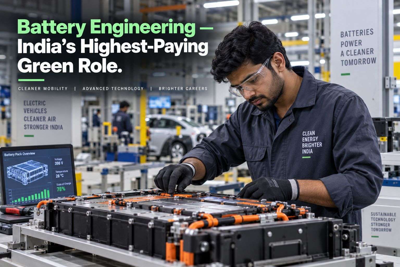 Engineer inspecting an EV battery pack, representing battery systems engineering jobs in India.