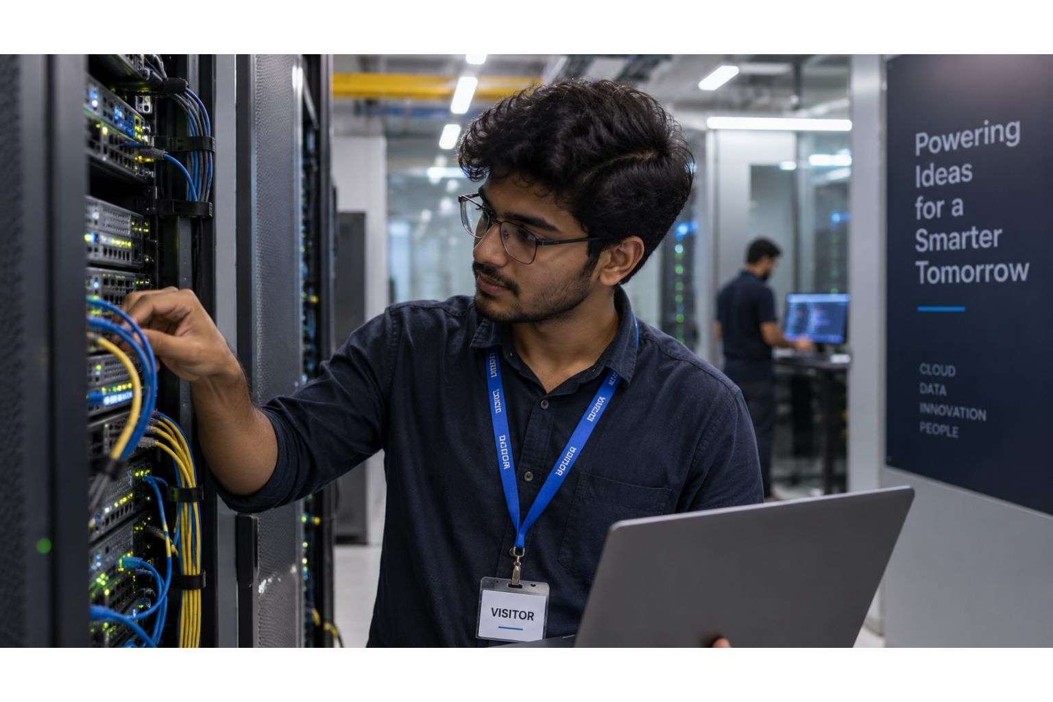 Indian engineering graduate visiting a data centre, exploring AI infrastructure jobs for freshers