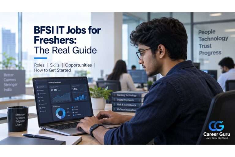 Engineering fresher working on a banking technology dashboard, representing BFSI IT jobs for freshers in India