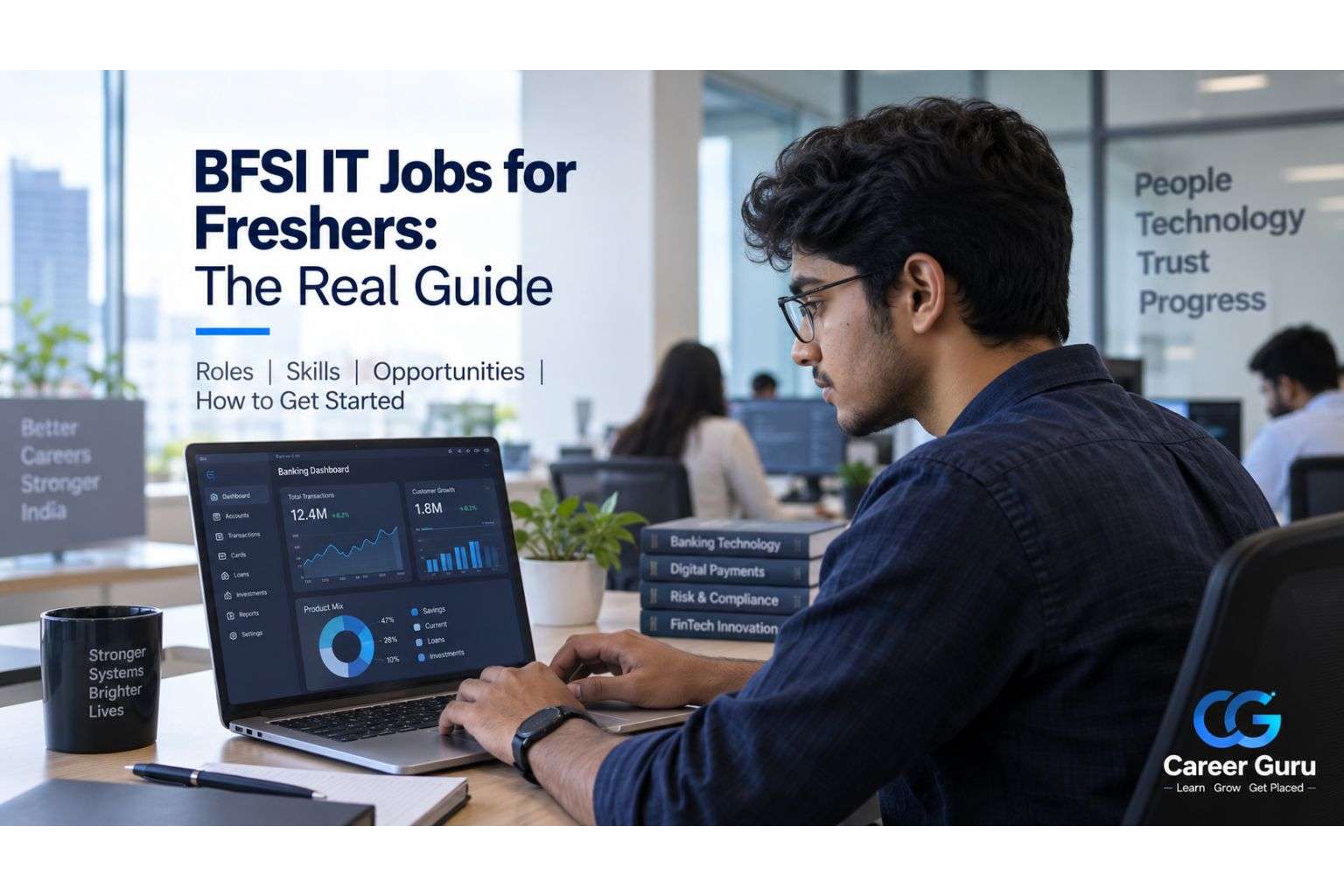 Engineering fresher working on a banking technology dashboard, representing BFSI IT jobs for freshers in India