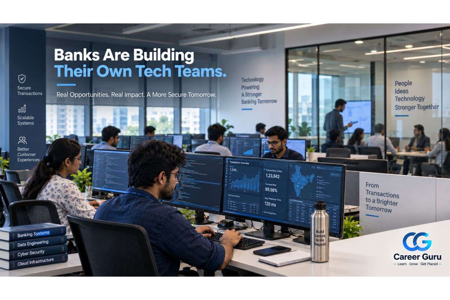 Bank technology operations floor showing engineers working on banking software systems