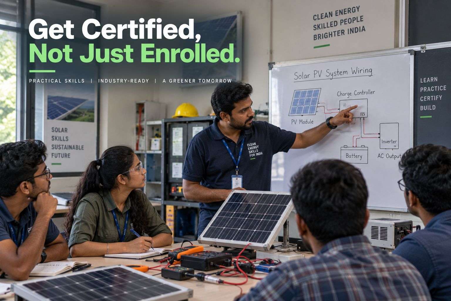Engineering student in a hands-on solar energy training workshop in India.