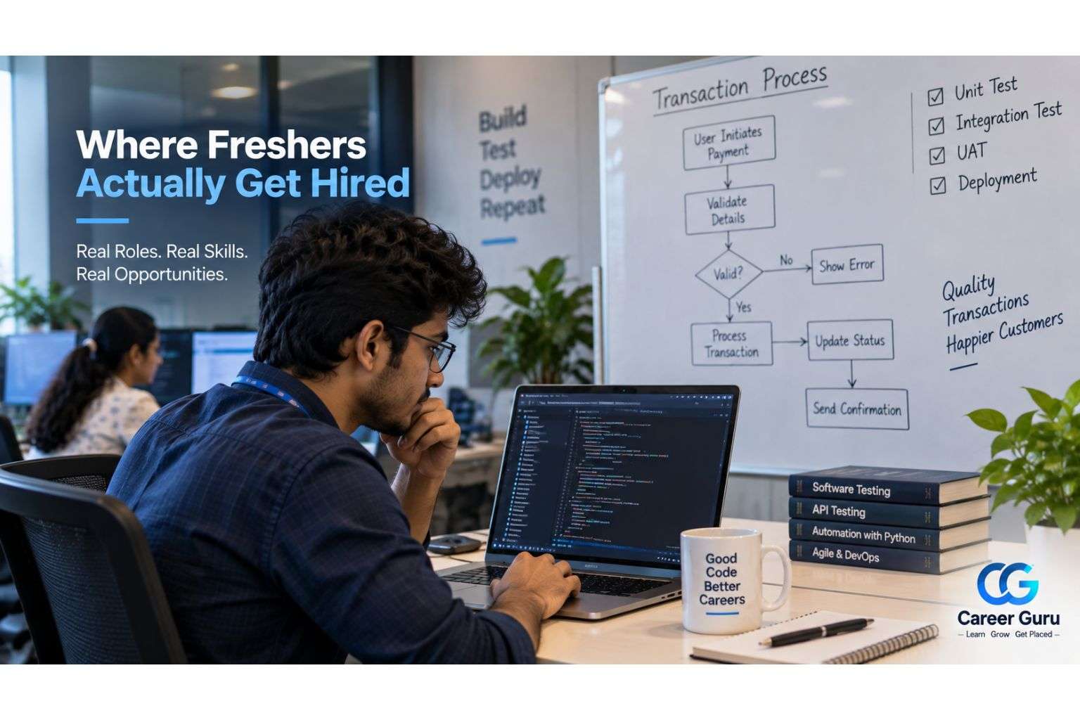 Fresher reviewing banking software code with a transaction flow diagram in the background