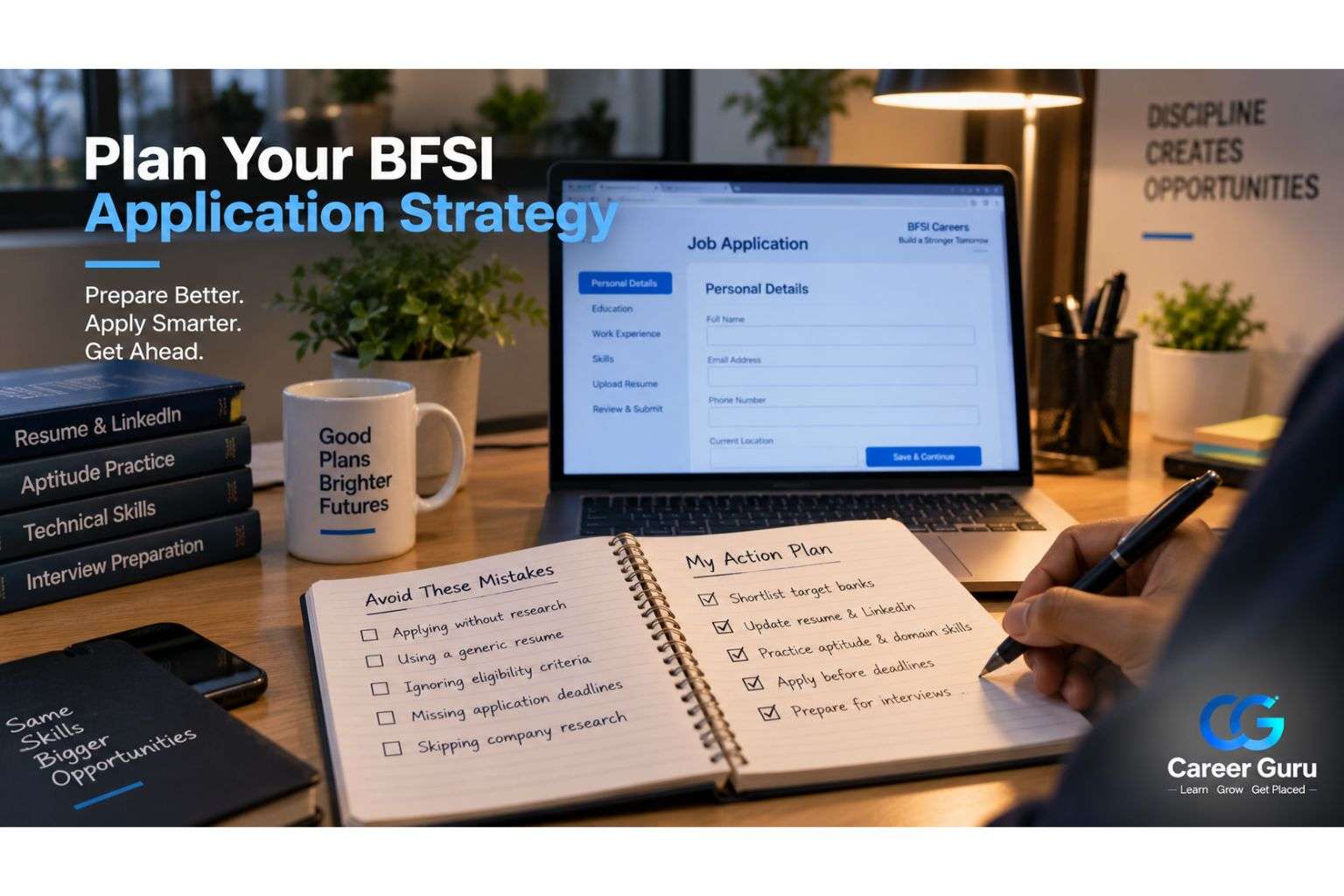 Student's desk with a career planning checklist for applying to BFSI IT jobs