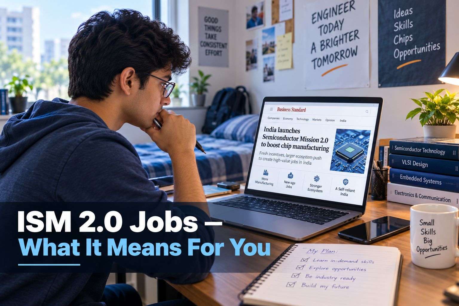 Engineering student reading about ISM 2.0 jobs news on a laptop.
