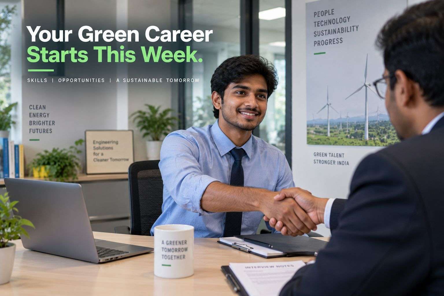 Engineering graduate in a job interview for a green energy role in India.