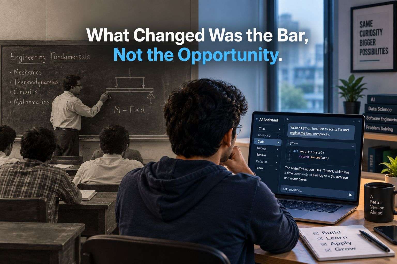 Comparison of traditional engineering classroom and modern AI-assisted coding for Indian students.