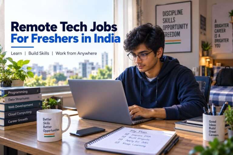 Engineering fresher working on a laptop from home, representing remote tech jobs for freshers in India 2026.
