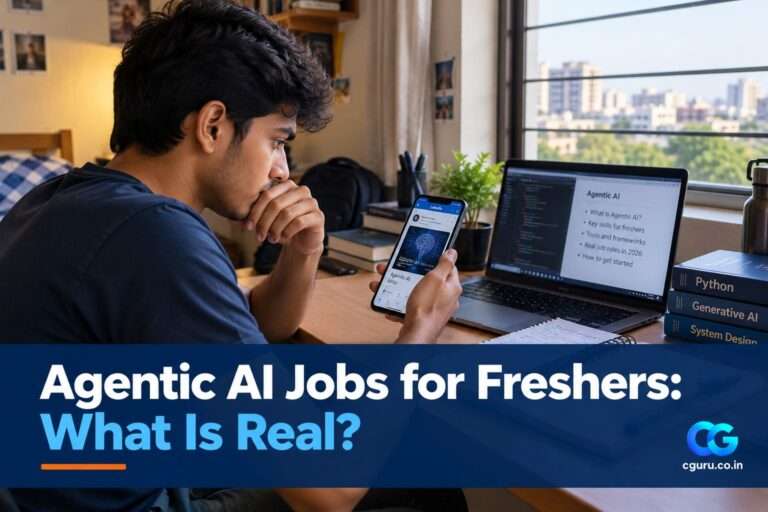 Final-year engineering student reading about agentic AI jobs for freshers on a phone.