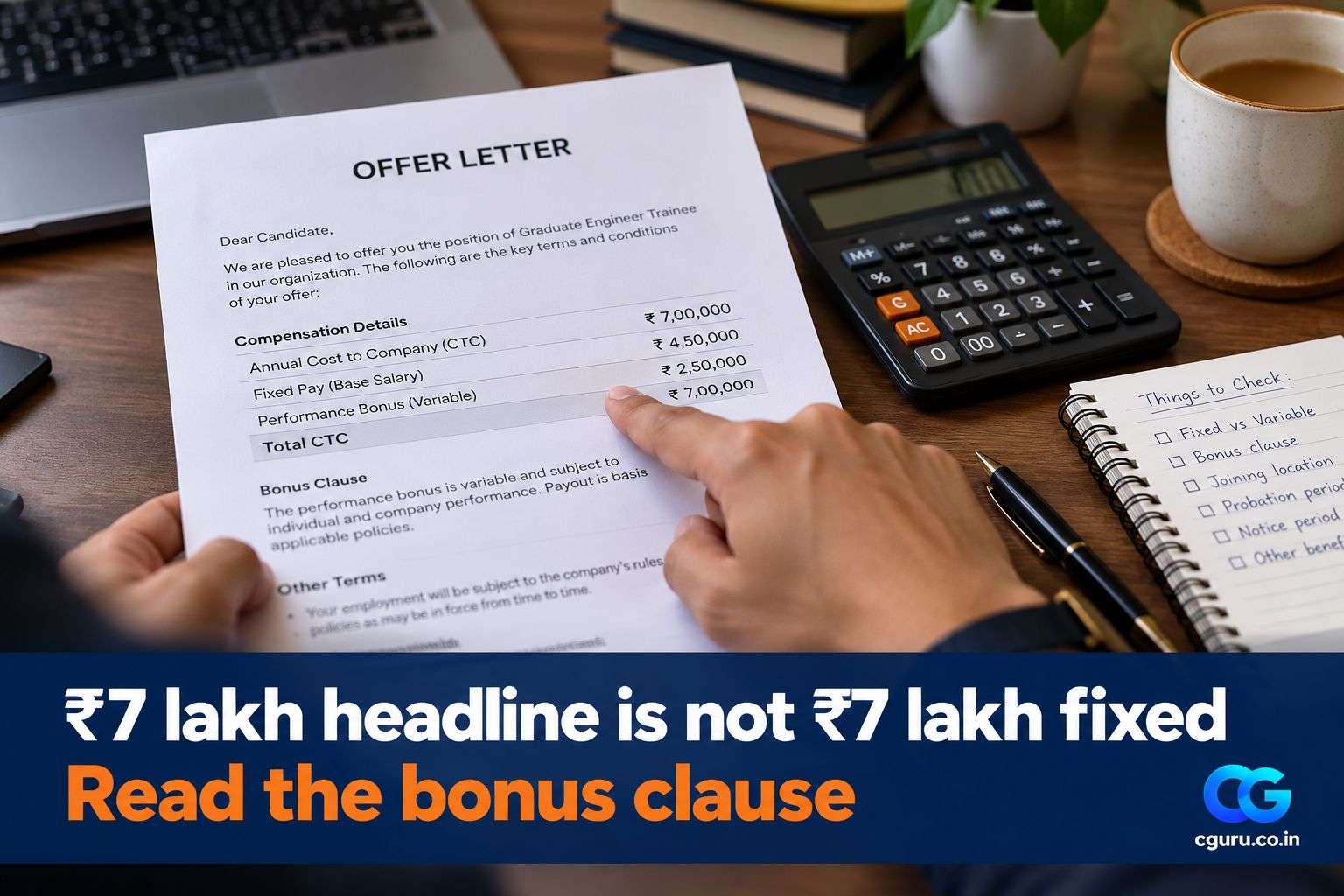 Offer letter and calculator on a desk showing why fixed pay differs from headline package.
