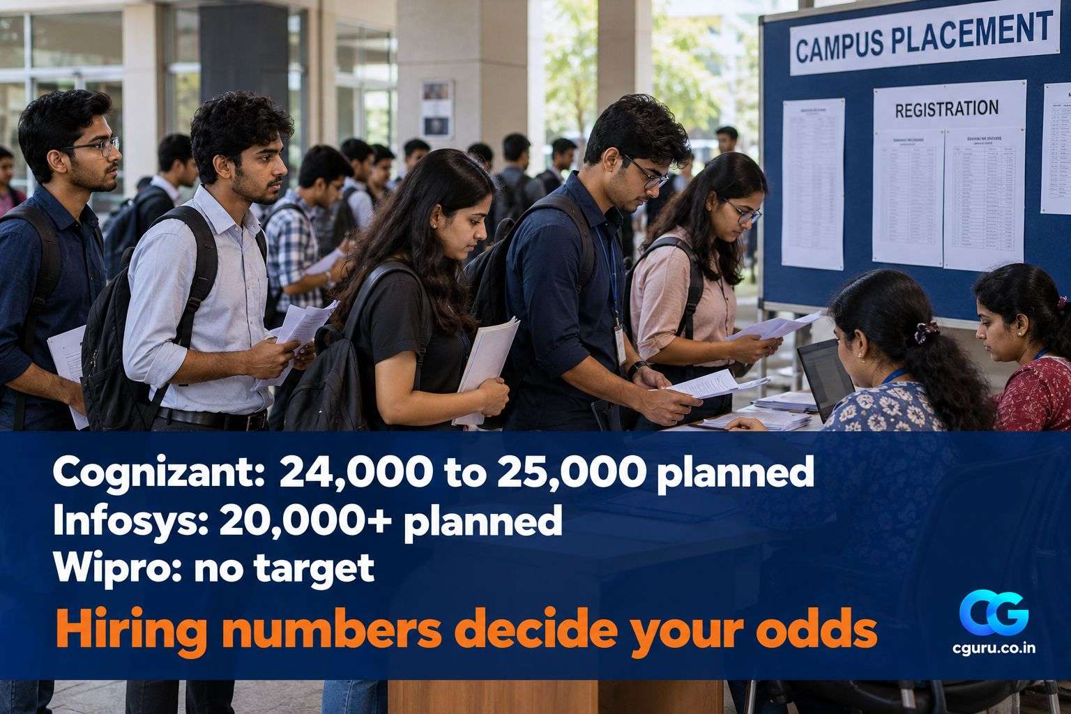 Students at a campus placement registration desk checking fresher hiring numbers.