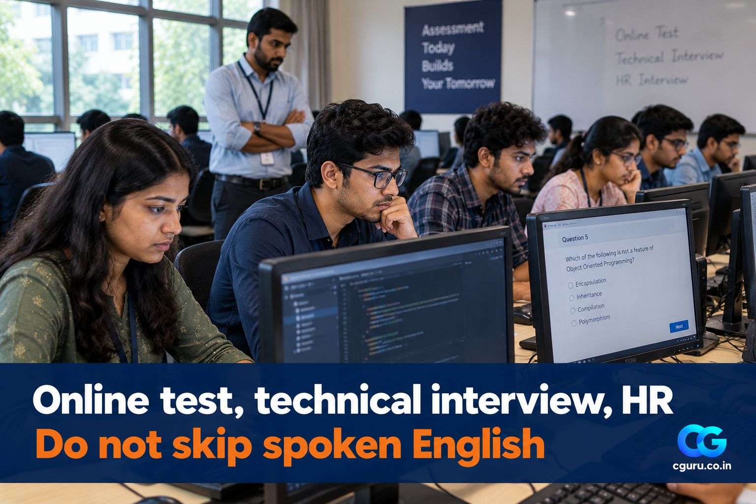 Students taking an online fresher hiring test in a college computer lab.