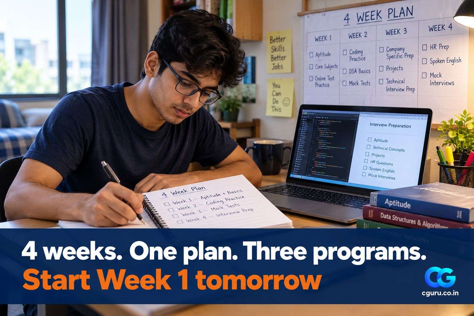 Student following a four-week preparation plan for fresher hiring tests.