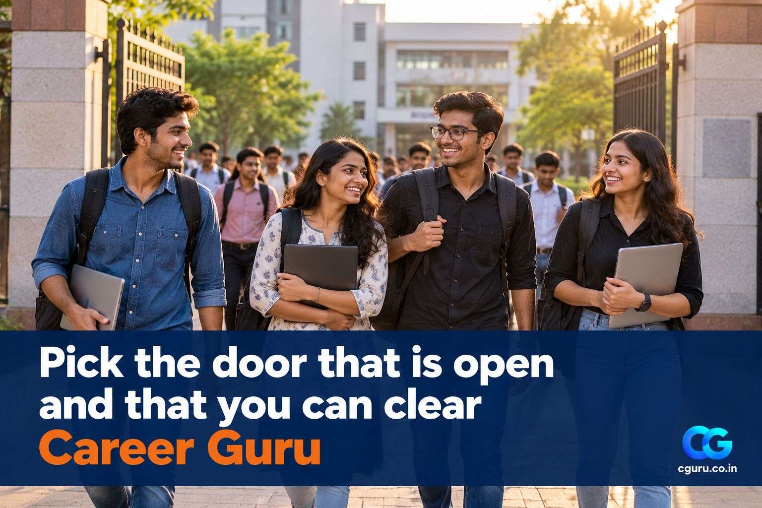 Group of engineering graduates leaving campus after a placement drive.