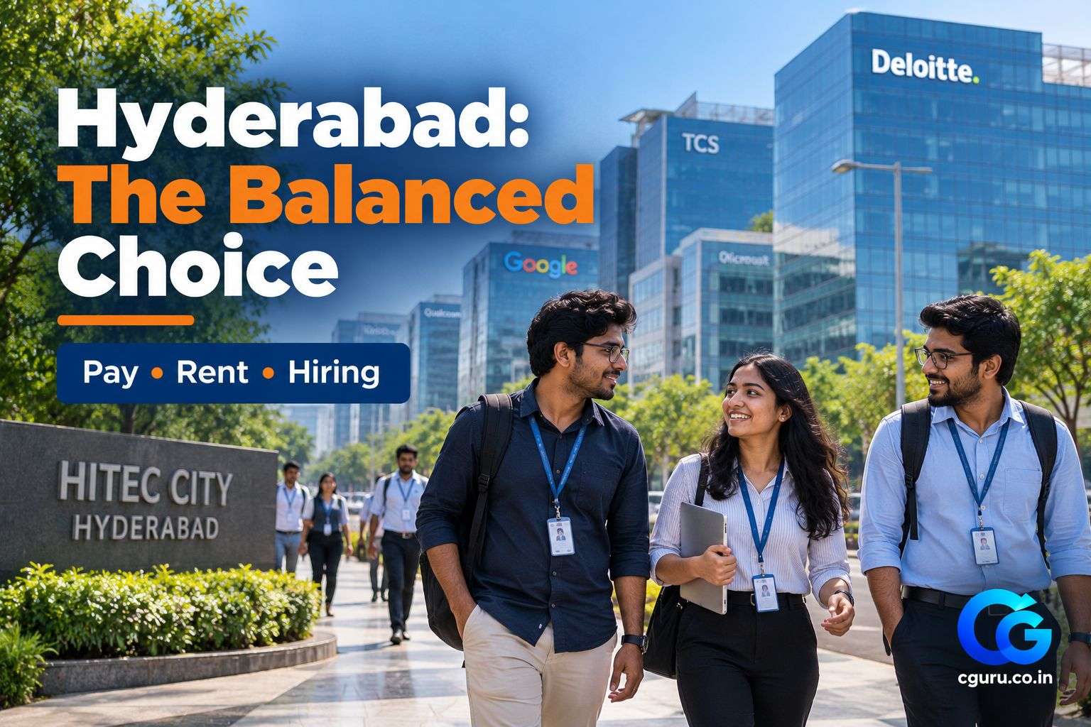 Young professionals outside an IT campus in Hyderabad.