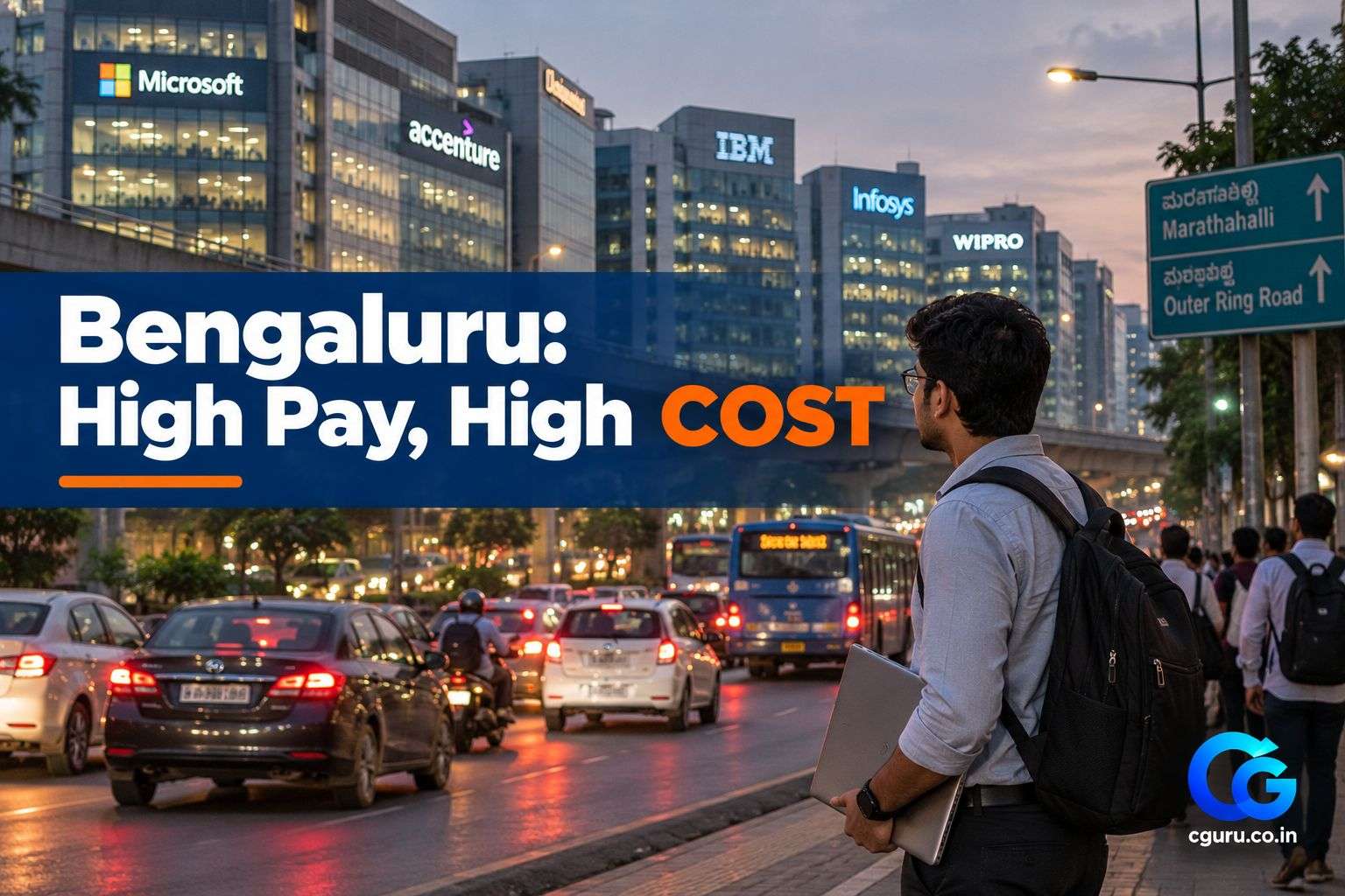Young engineer on a busy Bengaluru road after office hours.