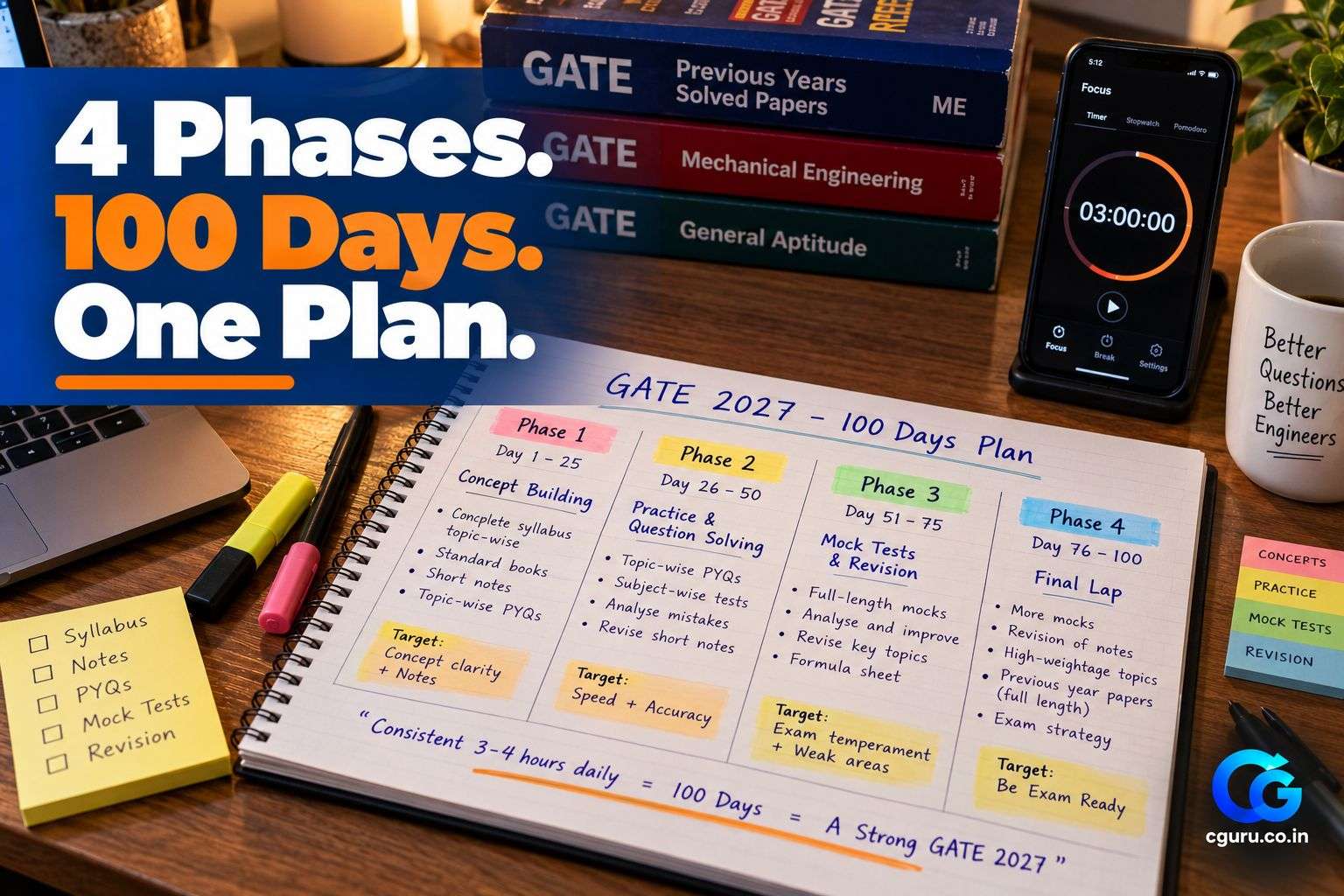 Handwritten 100-day study planner for GATE 2027.