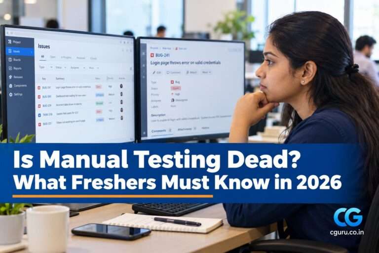 Fresher software tester reviewing test results on a laptop, manual testing jobs for freshers in AI era