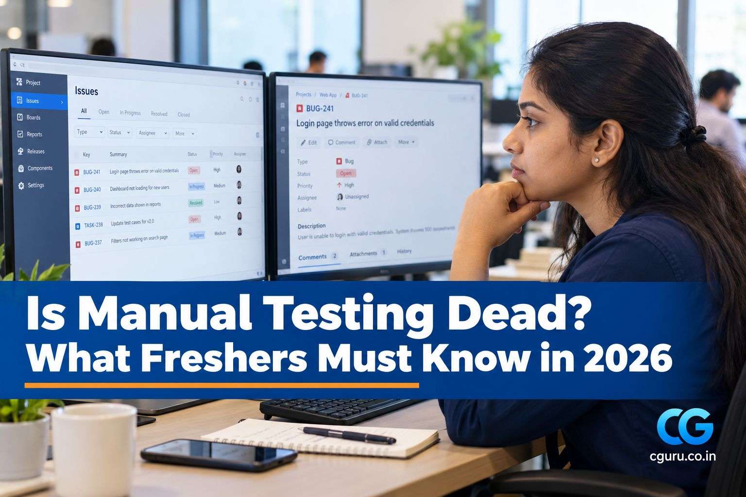 Fresher software tester reviewing test results on a laptop, manual testing jobs for freshers in AI era