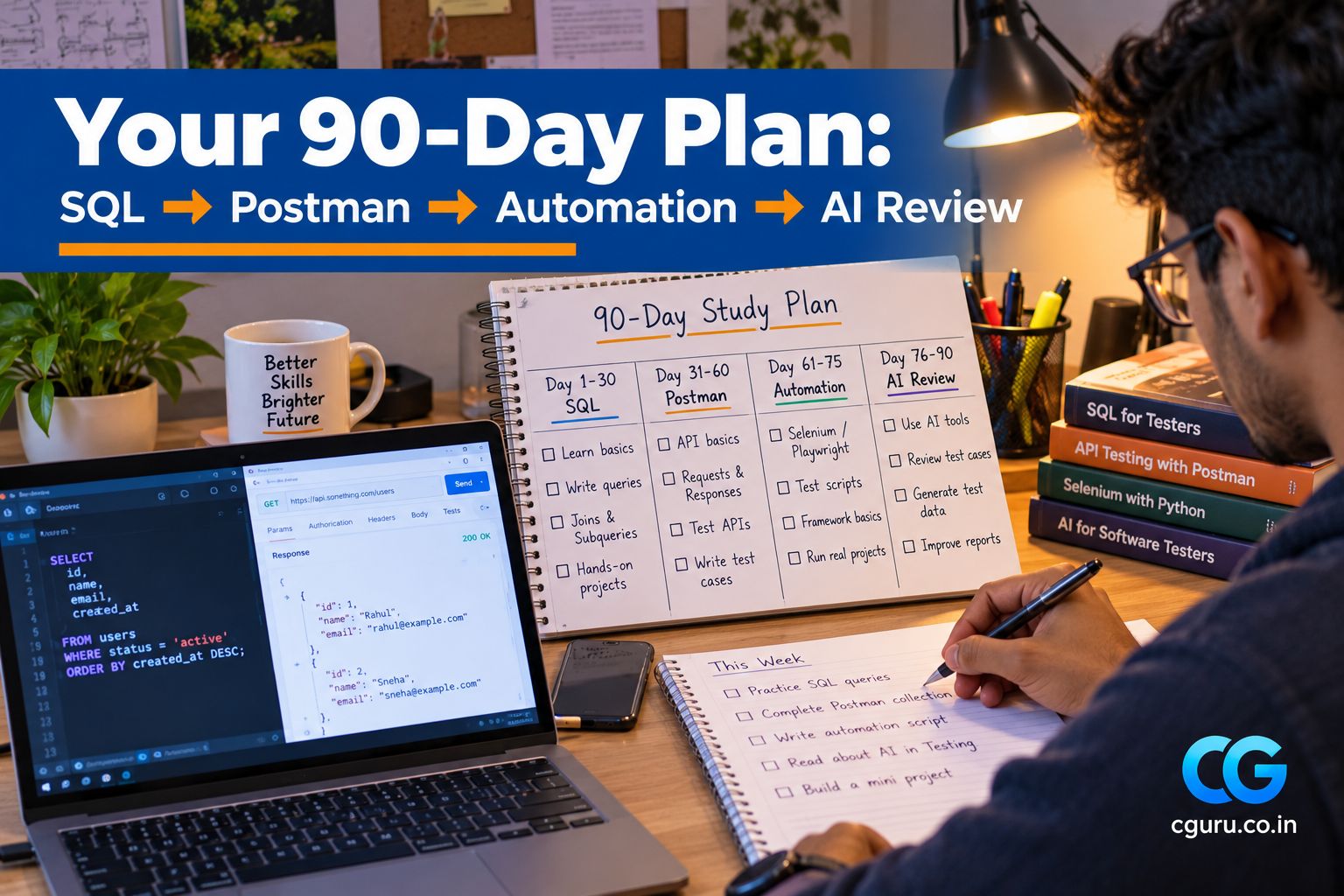 Student planning a 90-day learning schedule for testing skills