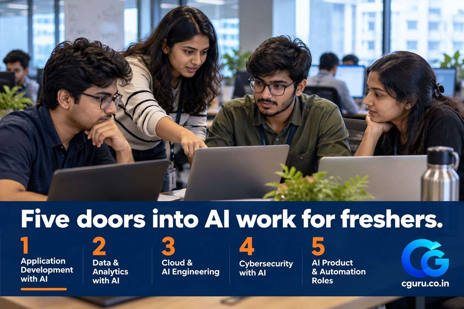 Young engineers collaborating on laptops, showing entry doors to AI jobs.