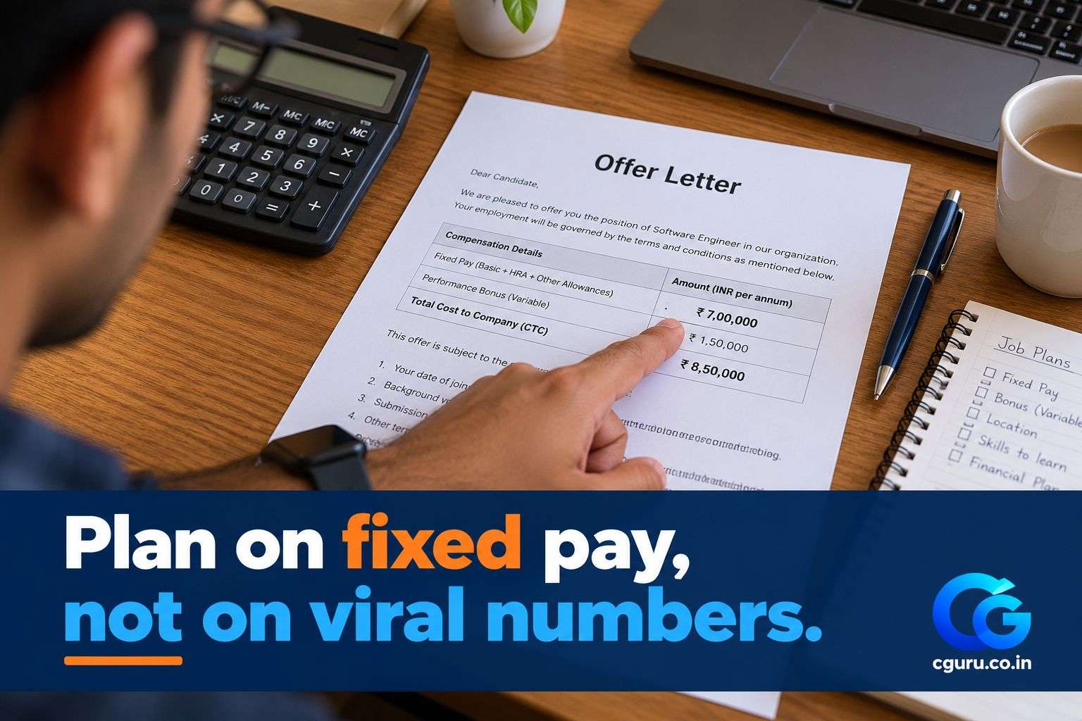 Offer letter and calculator on a desk comparing fixed pay for AI roles.